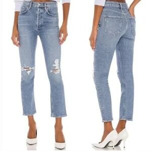 Agolde NEW Riley High‎ Rise Straight Jeans Whiplash Distressed Light Wash sz 28